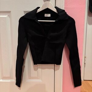 Aritzia Sculpt Knit Black Ribbed Women's Long Sleeve Polo Top